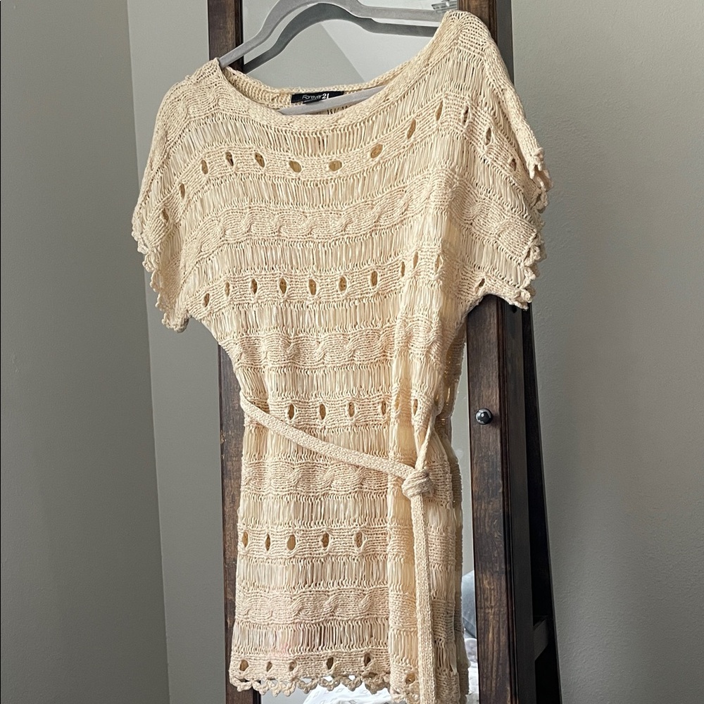 Forever 21 Cream Crochet Tunic with Tie Belt Sz S
